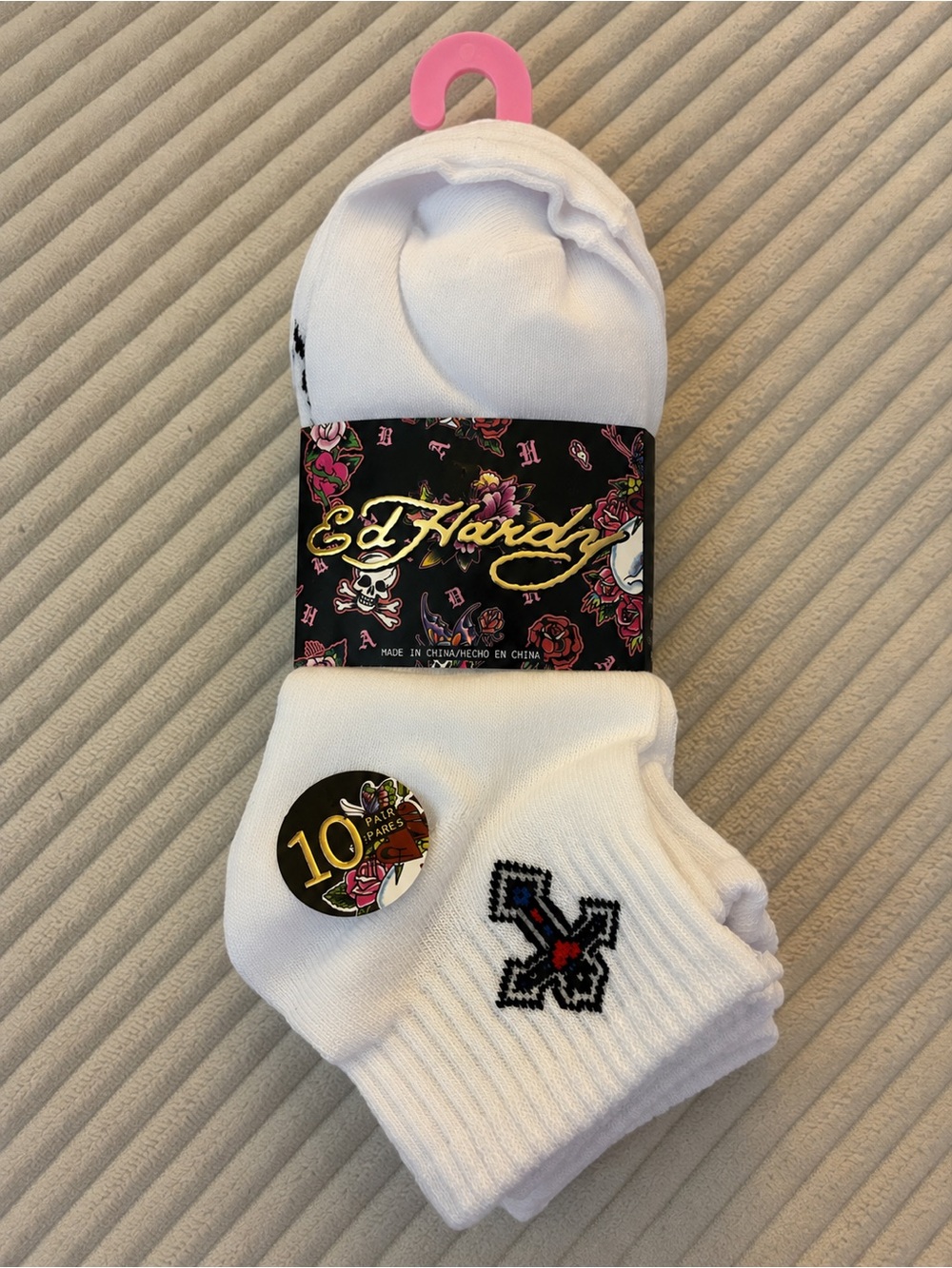 Ed Hardy White Quarter Ankle Socks with Embroidered Accents - 10 Pack
